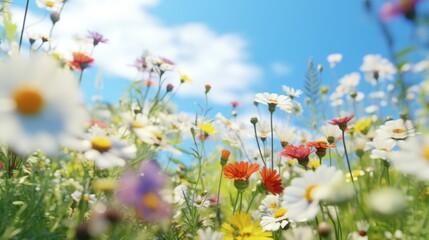 Aufkleber - Beautiful field of flowers with a clear blue sky in the background. Perfect for nature and outdoor themes