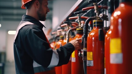 Poster - A man in a hard hat standing next to a row of fire extinguishers. Suitable for safety and construction concepts
