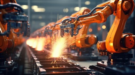 Aufkleber - A group of robots working on a piece of metal. Suitable for technology and automation concepts