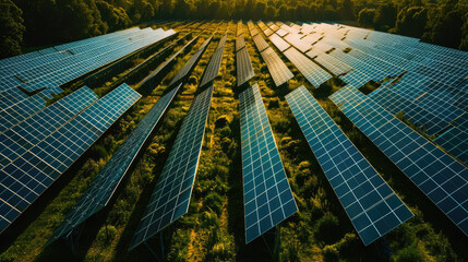 Solar panels under blue sky, green energy