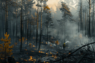 A fireman extinguishes the forest in a smoky forest. Forest fires, forests in smoke and fire, natural disasters, drought.