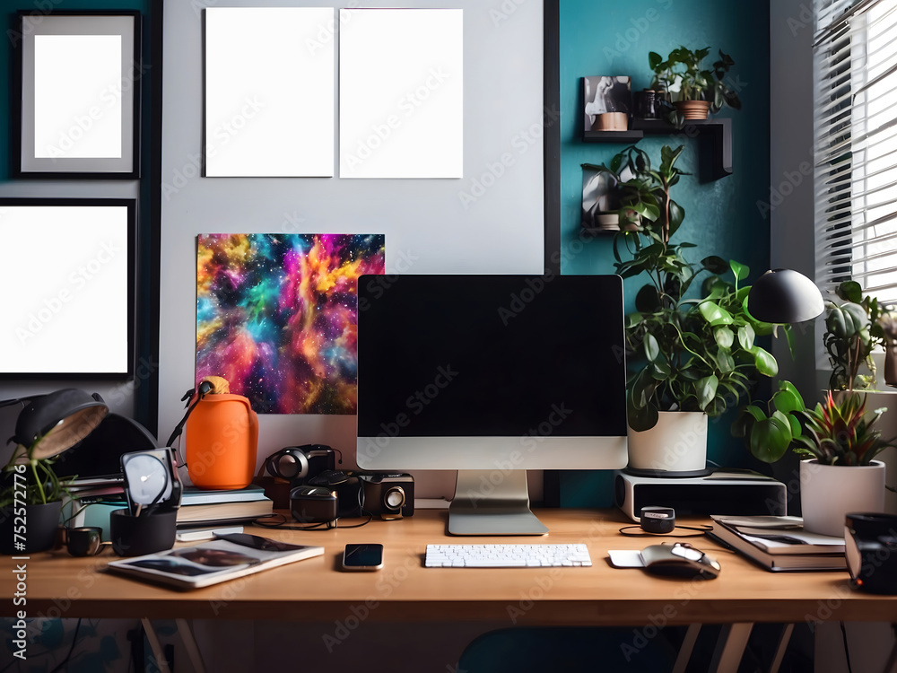 Stylish workspace with a computer and posters at home or in the studio ...