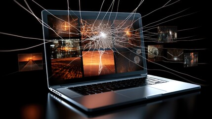 Poster - A broken laptop screen on a table, suitable for illustrating technology issues