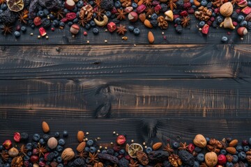 Wall Mural - Judaic symbols of Tu Bishvat portrayed with dried fruits and nuts on a dark wood background