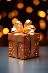Poster - A brown gift box with a shiny gold bow, perfect for any celebration or special occasion