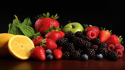 Poster - A pile of various fruits on a rustic wooden table, perfect for healthy eating concept
