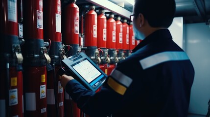 Wall Mural - A man standing in front of a bunch of fire extinguishers. Suitable for safety and emergency concepts