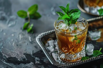 Poster - Mint julep alcoholic drink with mint ice and bourbon served on tray