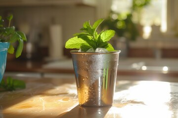 Poster - Mint julep on table made of metal glass