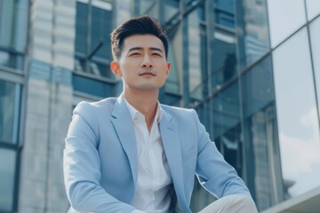 Wall Mural - Portrait of a confident Chinese man in a light blue suit sitting with legs crossed looking away on a sunny day