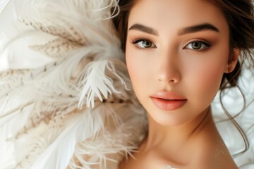 Wall Mural - Serious studio portrait of an attractive multi racial bride wearing a fashionable wedding dress with feathers styled with luxurious makeup and hairs