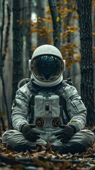 Astronaut in full gear meditating in a tranquil autumn forest