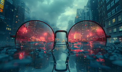 Wall Mural - Glasses and city reflection in the puddle night scene