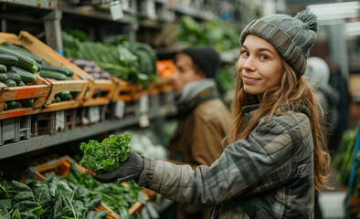 Wall Mural - Young woman buying fresh vegetables at the market