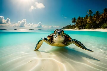 Wall Mural - underwater photo of a turtle swimming in tropical sea water, underwater landscape, marine wildlife created with generative ai technology. High quality photo