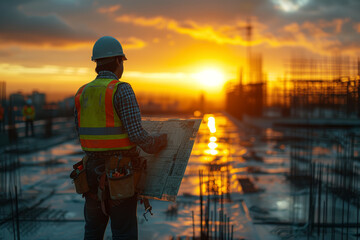 Poster - A project manager overseeing the completion of a construction project, marking success in infrastructure development. Concept of construction achievement. Generative Ai.