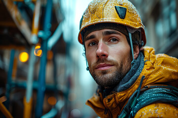 Poster - A diligent construction worker assembling scaffolding on a high-rise building. Concept of urban development and construction safety. Generative Ai.