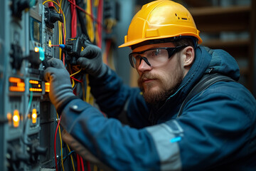 Poster - a skilled electrician repairing electrical wiring in a residential home. concept of electrical servi