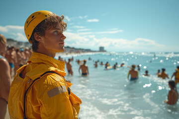 Canvas Print - A dedicated lifeguard watching over a crowded beach, ensuring swimmers' safety in the water. Concept of beach safety and lifeguarding. Generative Ai.