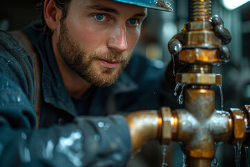 Poster - A skilled plumber fixing a leaky pipe in a residential home, ensuring proper water flow and functionality. Concept of plumbing services and home repair. Generative Ai.