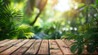 Wooden table podium against a background of tropical nature