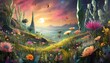 Generated image of otherworldly landscape featuring fantastical flora and fauna