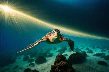 Wall Mural - underwater photo of a turtle swimming in tropical sea water, underwater landscape, marine wildlife created with generative ai technology. High quality photo