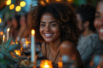 Sticker - Friends laughing and enjoying each other's company at a cozy, candlelit dinner party. Concept of intimate social gatherings. Generative Ai.