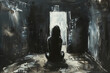 Depression and anxiety, abstract art, paintings, AI created images, dark, moody, empty room, loneliness, extreme sadness, one single person, lonely girl, female