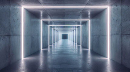 Wall Mural - Interior of modern concrete tunnel, perspective inside garage or hallway with led light, long room of underground building. Concept of hall, future, industry, construction