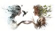 Podwójna ekspozycja. Dwie kobiety stoją naprzeciwko siebie, a nad nimi fruwa ptak. Obrazuje to harmonijne połączenie między ludźmi a naturą, promując uważność.