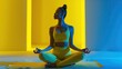 Kobieta wykonuje pozycję jogi siedząc przed tłem w kolorze niebieskim i żółtym. Wyznaje zasady mindfulness i skupia się na medytacyjnych ćwiczeniach.