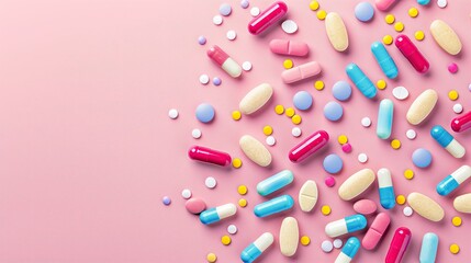 Capsules, pills, tablets and caplets on pink background with copy space for text