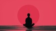 Sylwetka osoby siedzi w pozycji lotosu, przedstawiając praktykę medytacji mindfulness. Osoba jest wyraźnie widoczna w minimalistycznym stylu z czarno różowym motywem