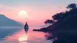 Fototapeta Do pokoju - Obraz przedstawia żaglówkę pływającą po wodzie o zmierzchu. Słońce zachodzi nad horyzontem, malując całą scenę w ciepłych barwach.