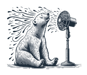 Wall Mural - Polar Bear cooling itself with a Fan. Vintage woodcut engraving style vector illustration.