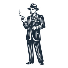 Wall Mural - Smoking man wearing a suit Vintage woodcut engraving style vector illustration.