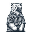 Polar Bear wearing Hawaiian shirt. Vintage woodcut engraving style vector illustration.