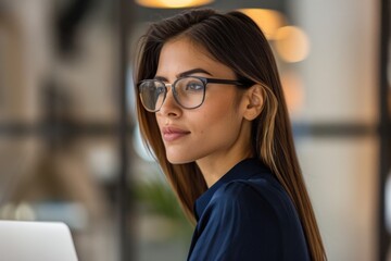 Wall Mural - A professional woman with glasses deeply focused on her laptop screen in a modern office setting