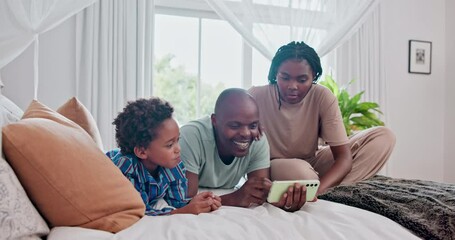 Wall Mural - Bedroom, home and black family with cellphone, selfie and internet with social media or connection. Bed, parents or mother with father or child with smartphone, relax or digital app with kid or smile