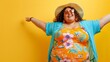 obese woman wearing beach vacation clothes on yellow background
