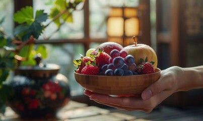 Wall Mural - Hand holding a bowl of fresh assorted fruits in natural lighting. Fresh organic fruit selection in wooden bowl for healthy lifestyle. Variety of juicy fruits in hand for nutritious snacking.