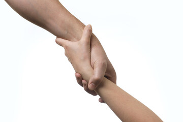 Wall Mural - Man and woman holding hands together on white background, closeup