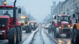Fototapeta Londyn - group of tractors running on public roads in the city with rain or snow on a cold day on a dull day