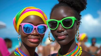 Canvas Print - Two women wearing colorful sunglasses at the beach. Generative AI.