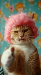 Poster - A cat wearing a pink wig and pointing at something. Generative AI.