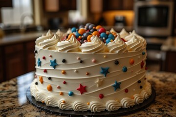 Canvas Print - A cake with white frosting and colorful sprinkles. Generative AI.