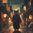 Marshall Artist Cat With Katana Walking In The Streets Of Old Japan.