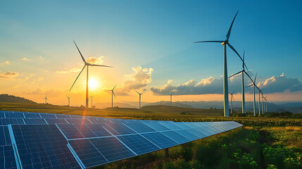 Solar panels and wind turbines renewable energy background