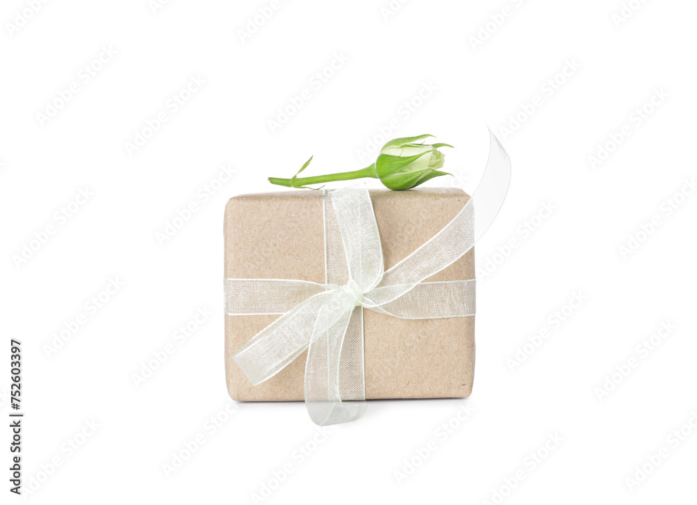 Gift box with beautiful rose isolated on white background. International Women's Day